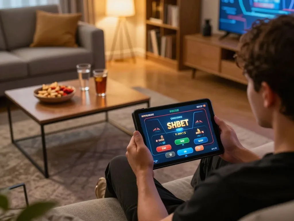 Engaging in SHBET online casino gaming at a cozy home setup with tablet and snacks.