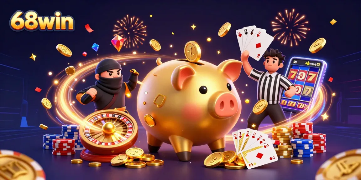 Engage with 68win's dynamic casino scene featuring a golden piggy bank, wallet-ninja, and credit-card samurai.