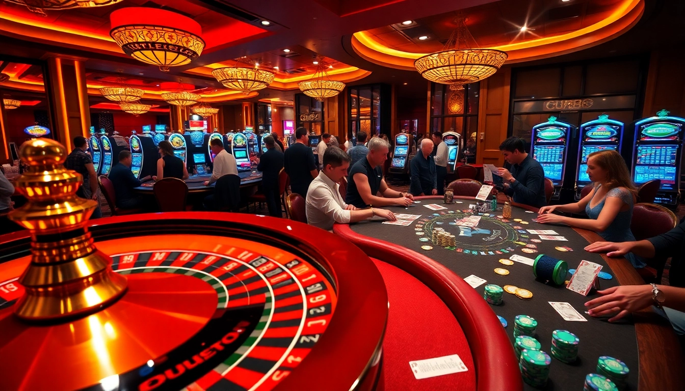 Players enjoying a vibrant gambling atmosphere at https://uk88.za.com/ with roulette and poker activities.