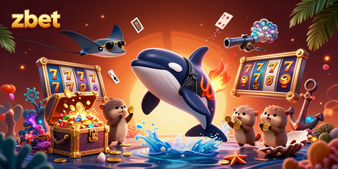 Zbet showcases a thrilling casino atmosphere with a vibrant scene featuring a jumping orca and otters holding coins.