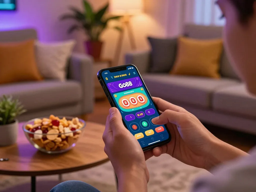 Engaging scene of a user tải go88 on a smartphone while enjoying the comforts of home, showcasing an online gambling experience.