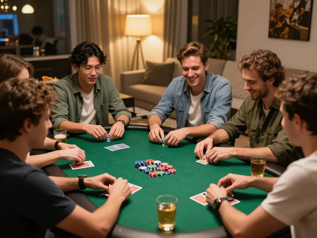 Engaging poker game at home with friends enjoying go8 with cards and chips