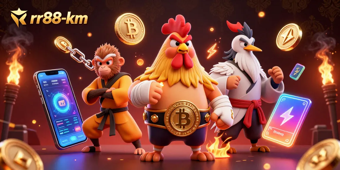 Engage with rr88-km in a dynamic crypto casino illustration featuring themed characters and elements.