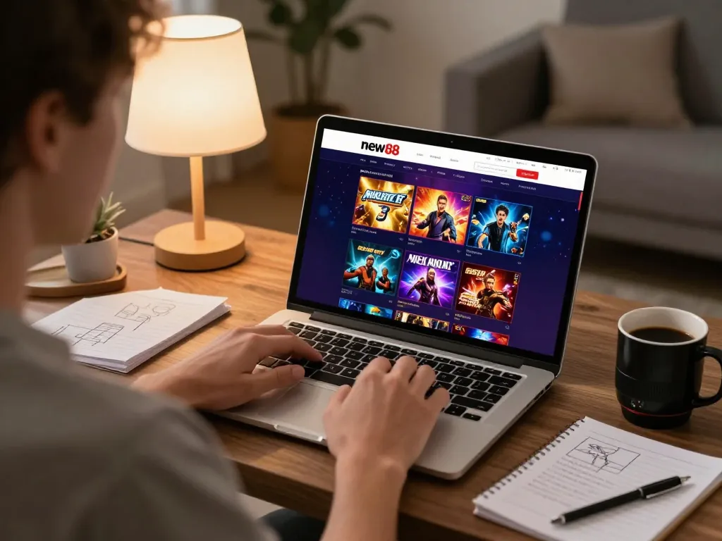 Engaging gameplay on new88's online casino platform from a cozy home setup, showcasing strategic focus.