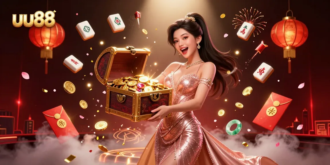 Experience thrilling moments at uu88 with a joyous Asian woman revealing treasure in a dazzling casino atmosphere.