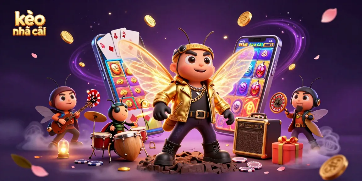 Engage with kèo nhà cái through this vibrant 3D illustration showcasing a rock star cicada at a casino scene.
