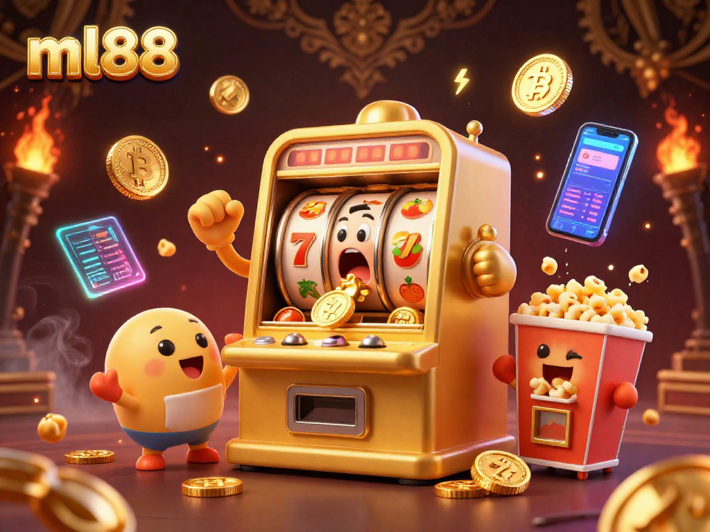 Experience the thrill of winning with ml88's vibrant golden slot machines celebrating jackpots amid glowing crypto coins.