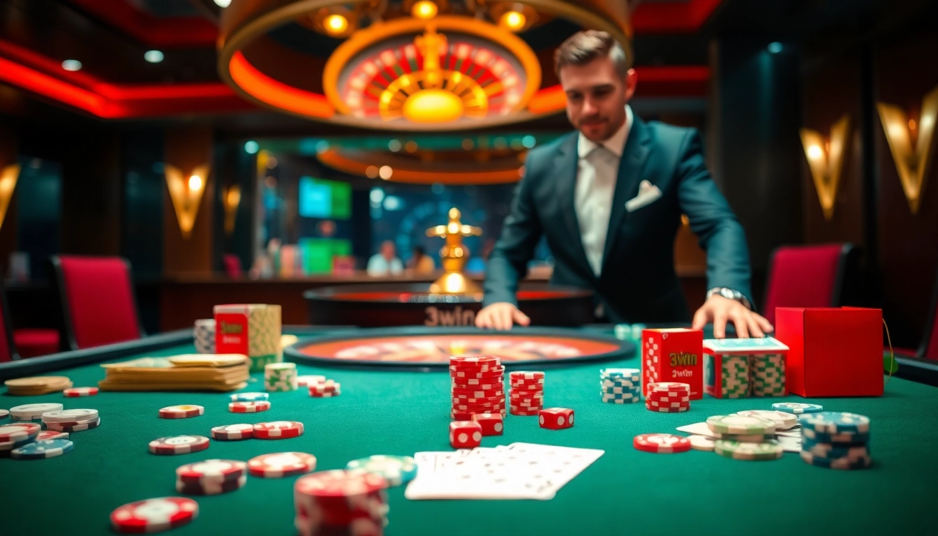 Excited players enjoying their time at a lively 3win casino table with vibrant poker chips and cards.