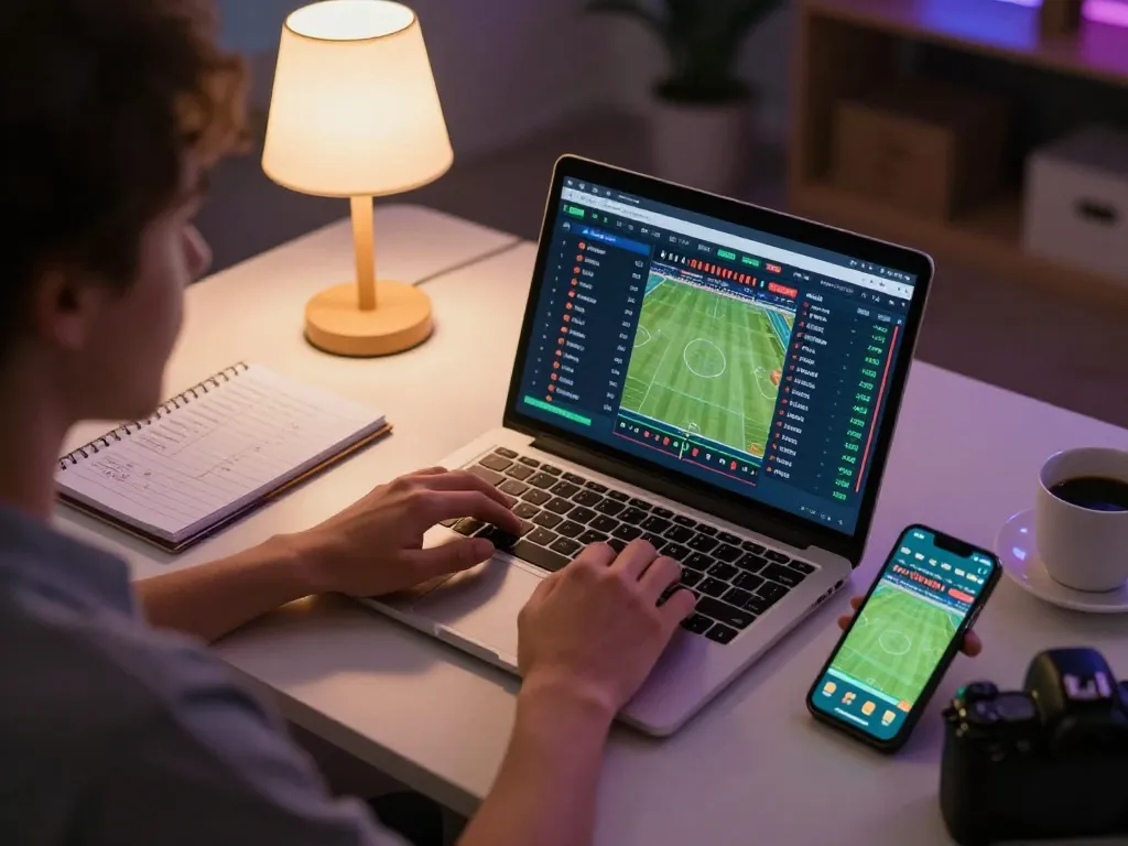 Engaging in sports betting while analyzing nhận định kèo nhà cái on a laptop, capturing focused strategy