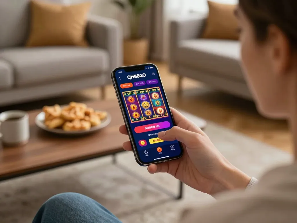 Engaging gameplay on QH88GO mobile app showcasing vibrant slot machines and a cozy home setup.