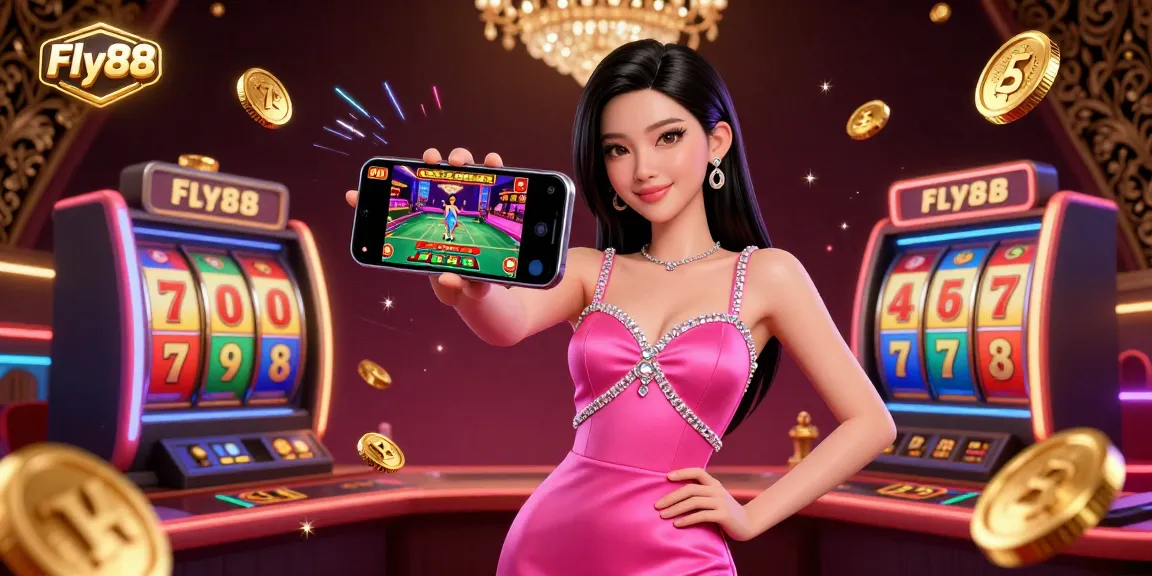 Experience the excitement of gaming at Fly88 with a vibrant digital illustration featuring a confident woman playing a live casino game.