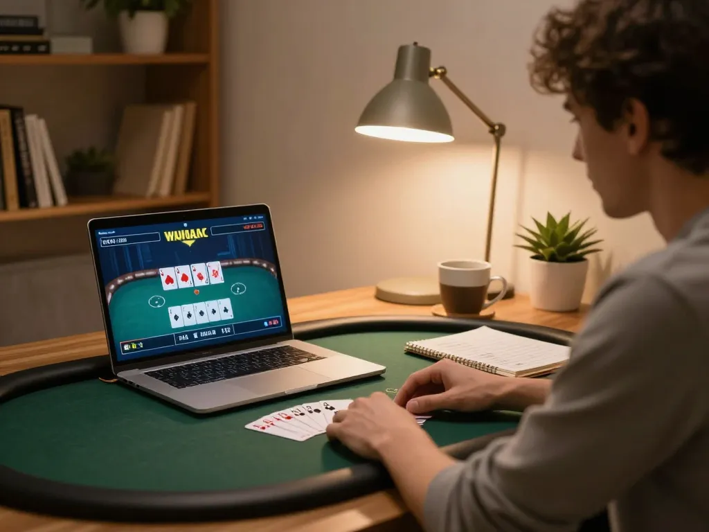 Player strategizing in online poker game at 8live with focused expression and laptop screen visible.