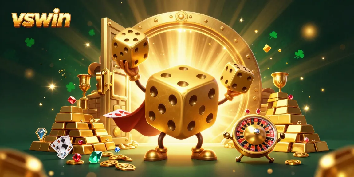 Unleash the excitement at vswin with an ultra-detailed 3D casino illustration showcasing golden dice characters and treasures.
