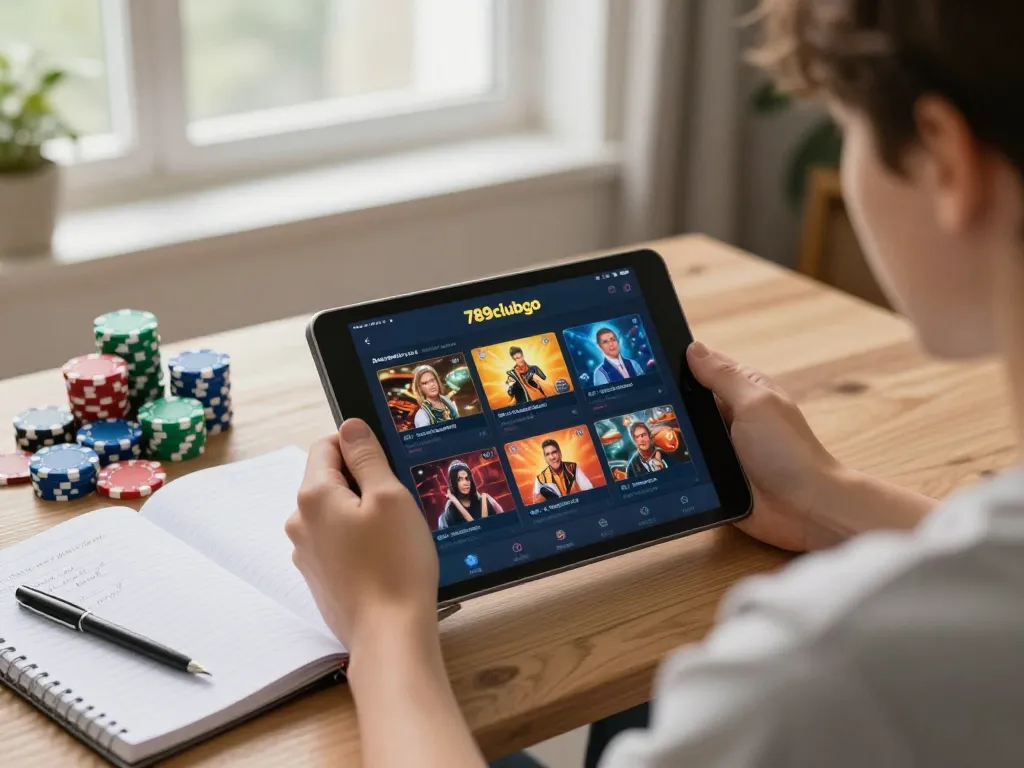 Person engaging with 789clubgo app on tablet, surrounded by gaming strategies and casino chips.