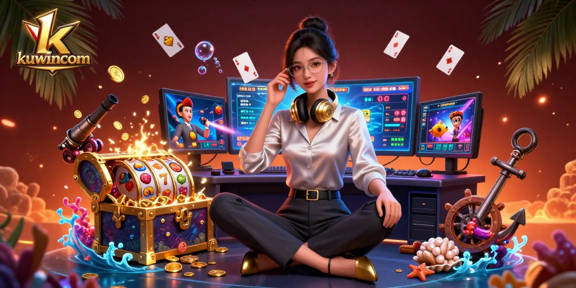 Kuwincom offers thrilling casino experiences, showcasing a woman gaming with captivating slot reels and vibrant elements.