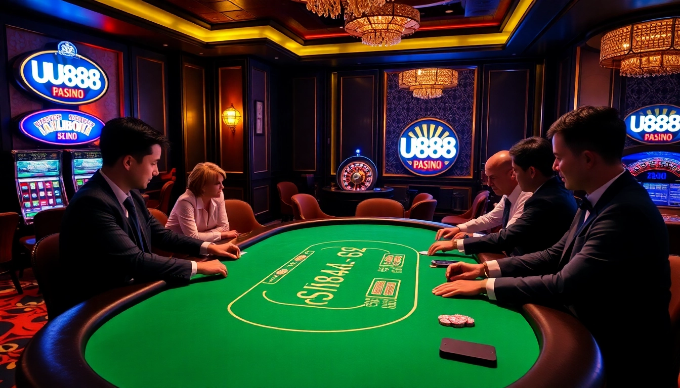 U888 poker players strategizing at a luxurious casino table.