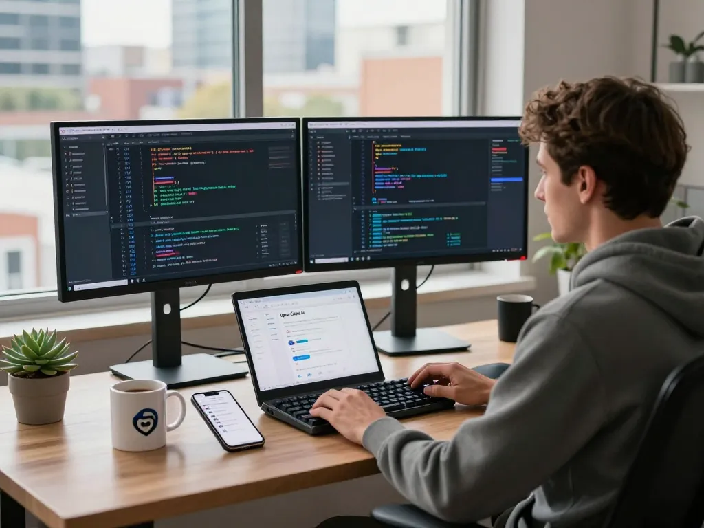 Developer enhancing productivity with clawbot in a modern tech workspace