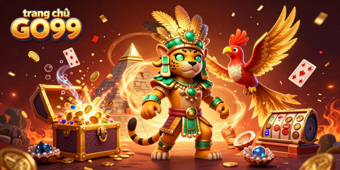 Engage with the vibrant world of trang chủ GO99 featuring a Mayan priest and quetzal bird, set in a lively casino scene.