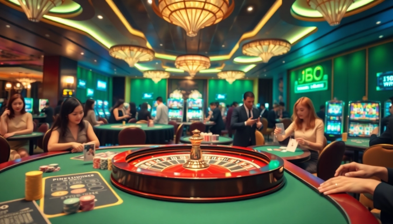 Players enjoying an exciting game at JBO's luxurious casino table, showcasing betting action and vibrant chips.