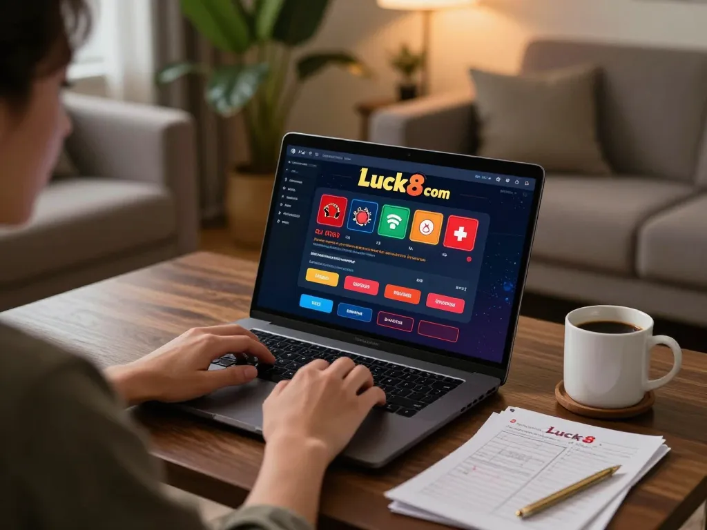 Using Luck8 com for online casino gameplay, highlighting strategic notes and cozy ambiance.