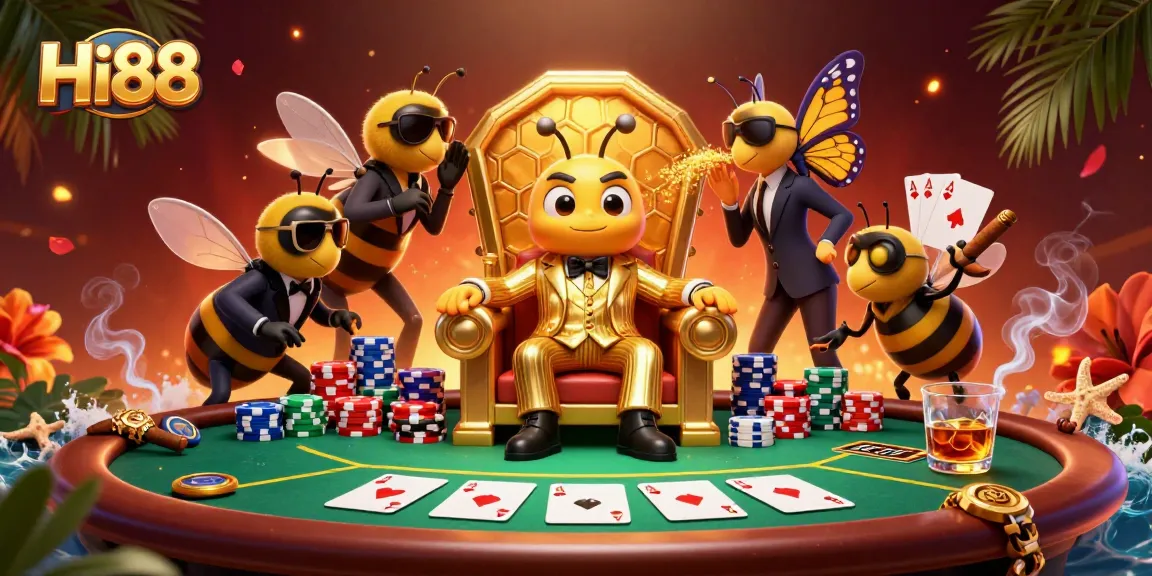 Experience thrilling poker action at Hi88 with vibrant casino elements and animated characters.
