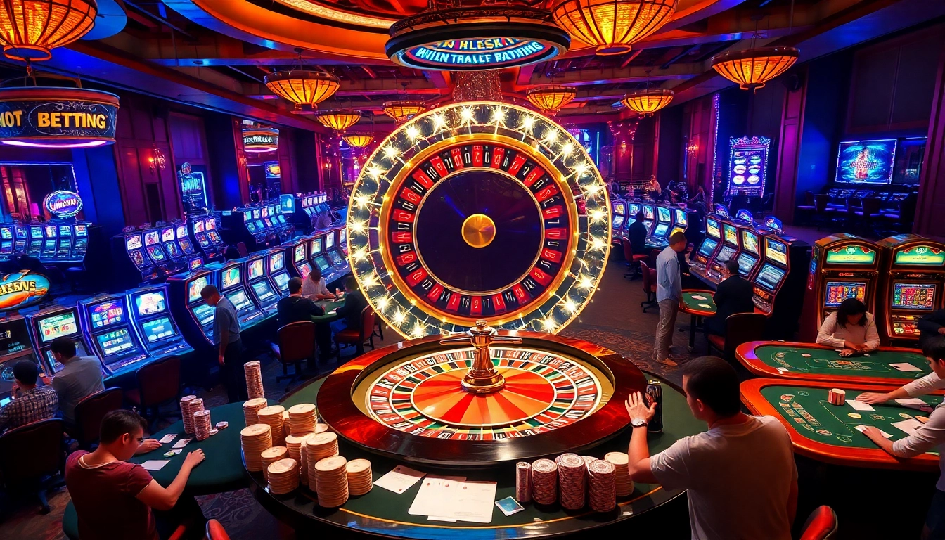 Experience the thrill of 88aa gambling with players celebrating at poker tables and vibrant slot machines.