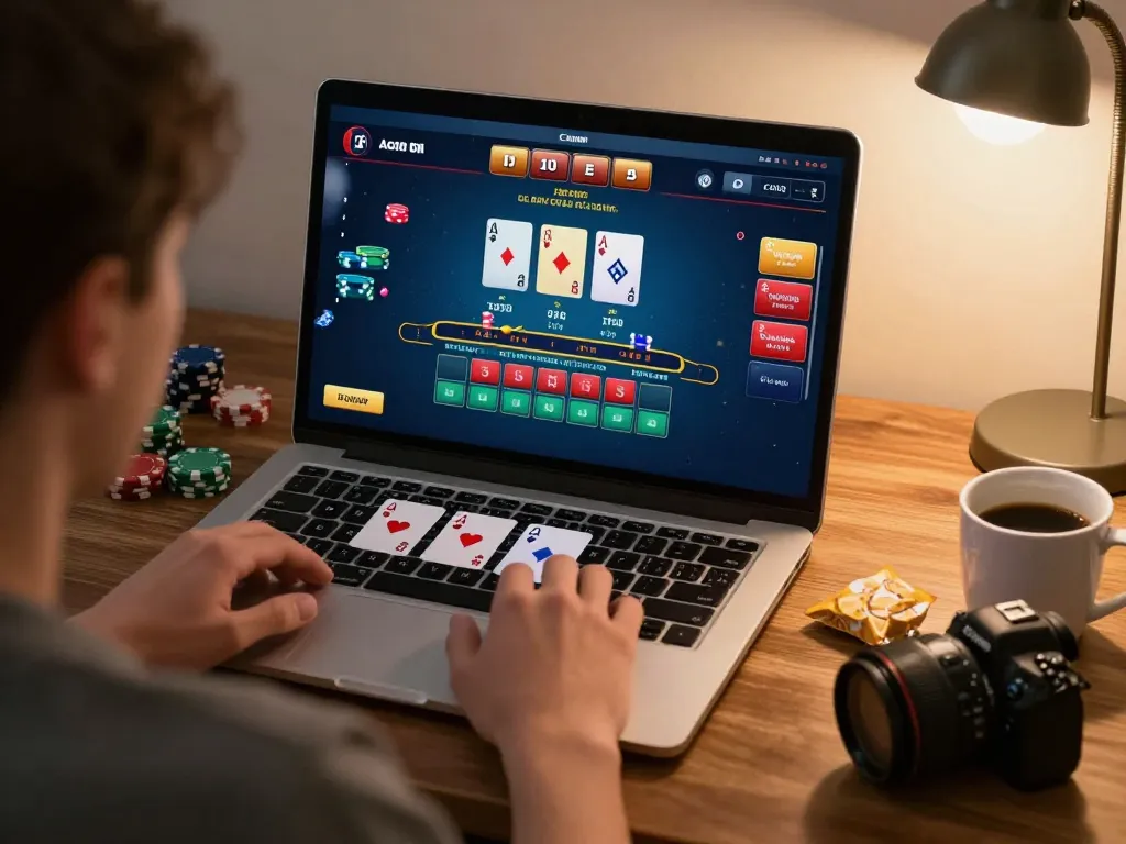 Engaging in online blackjack at home using tr88 platform with cozy ambiance and strategic focus.