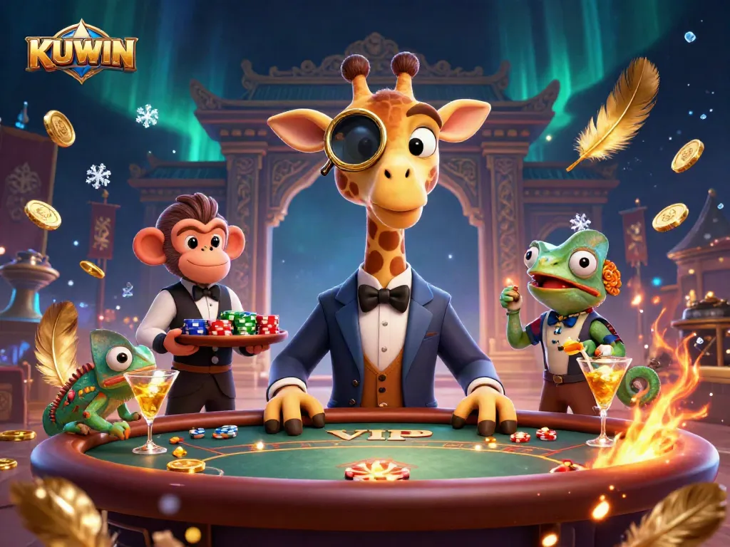 KUWIN offers an exciting gaming atmosphere with lively characters at a VIP poker table.
