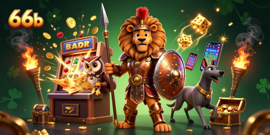 Join the excitement of 66b with a thrilling slot game scene featuring a heroic lion and strategic owl.