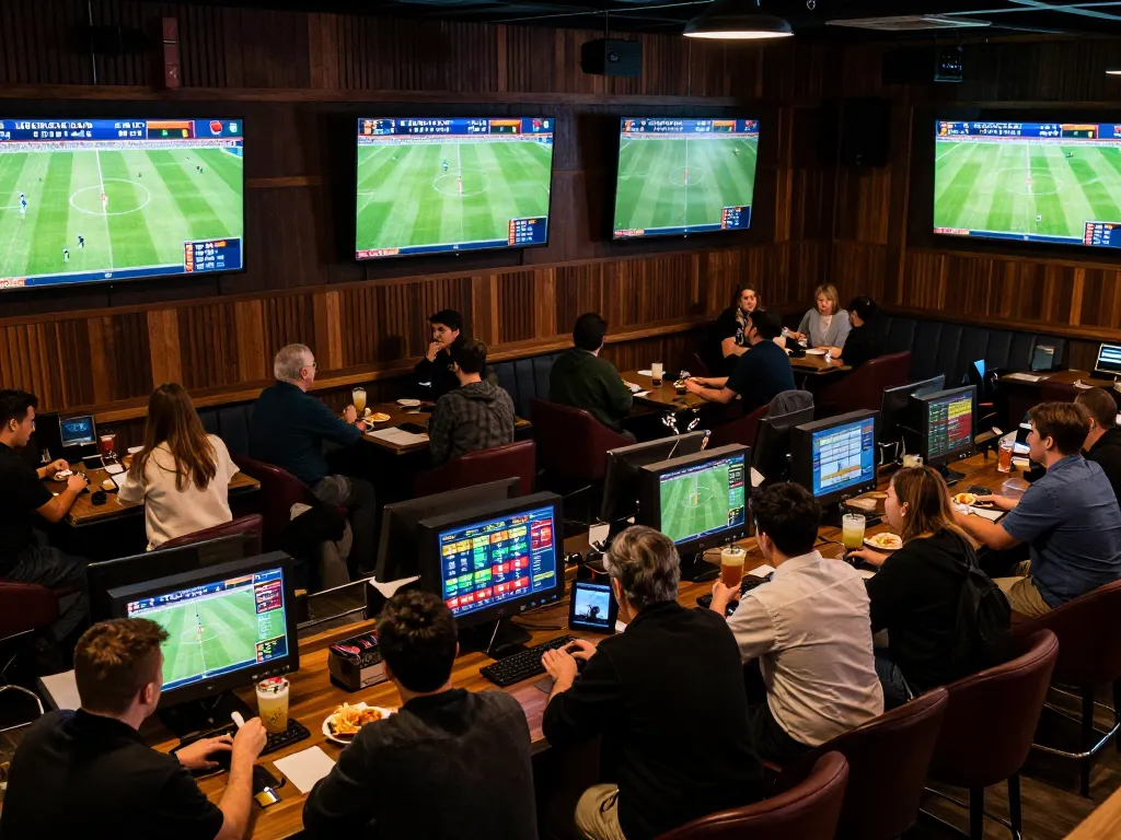 Engaged sports fans enjoying nowgoals live betting experience in a bustling lounge.