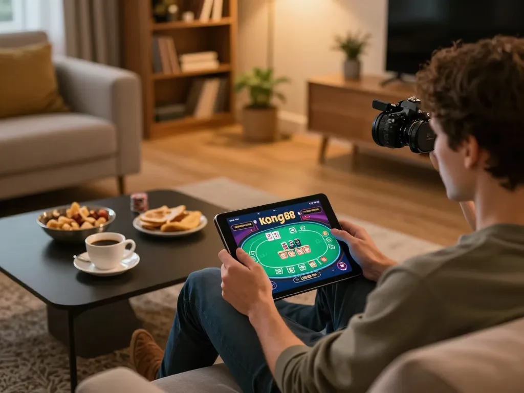 Kong88 player enjoying poker on a tablet in a cozy home setting with snacks