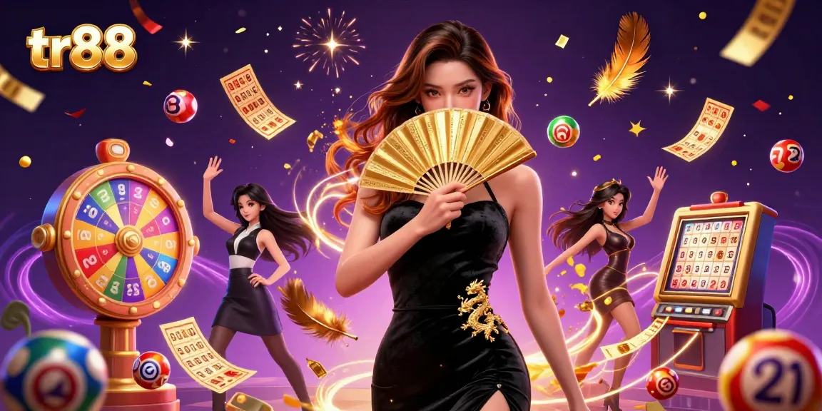 Play exciting casino games at tr88 amidst vibrant elements like colorful lottery balls and golden prizes.