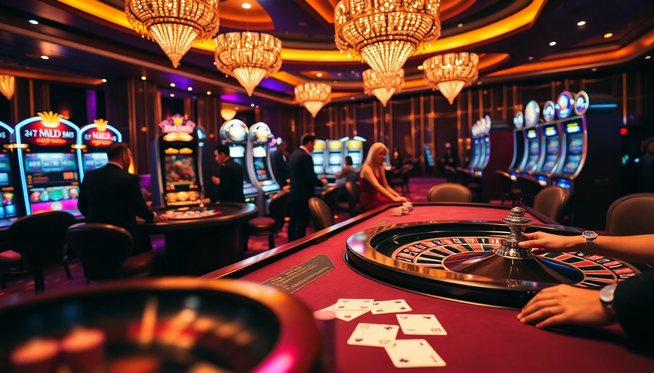 Players enjoying a high-stakes game at the luxurious casino featuring https://debet678.com/ poker chips and roulette.