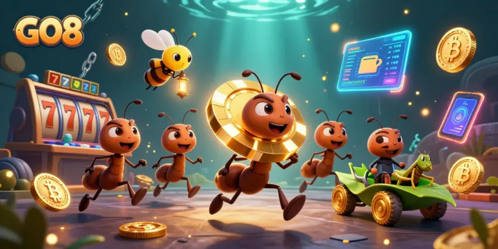 GO8 ants carry the giant poker chip through a dynamic casino heist scene filled with engaging game elements.