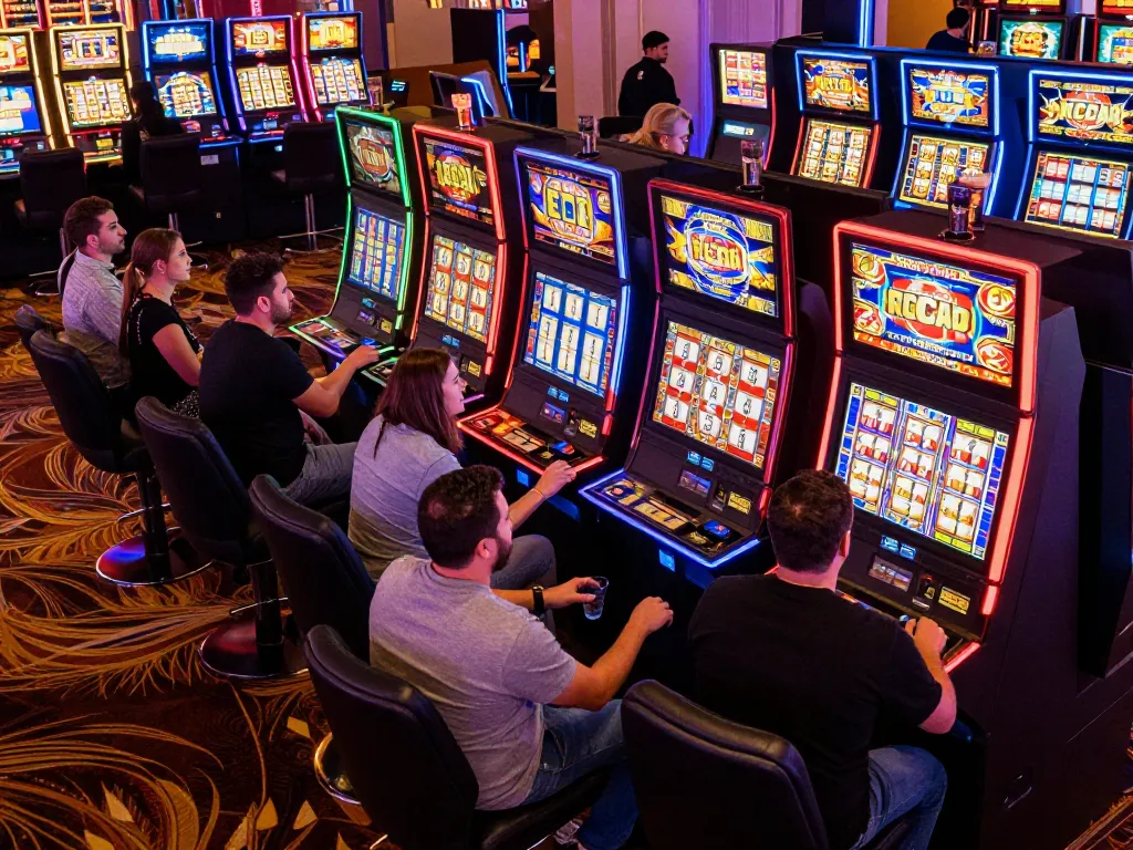 Players enjoying vibrant slot machines with thrilling MM88 gameplay in a lively casino setting.