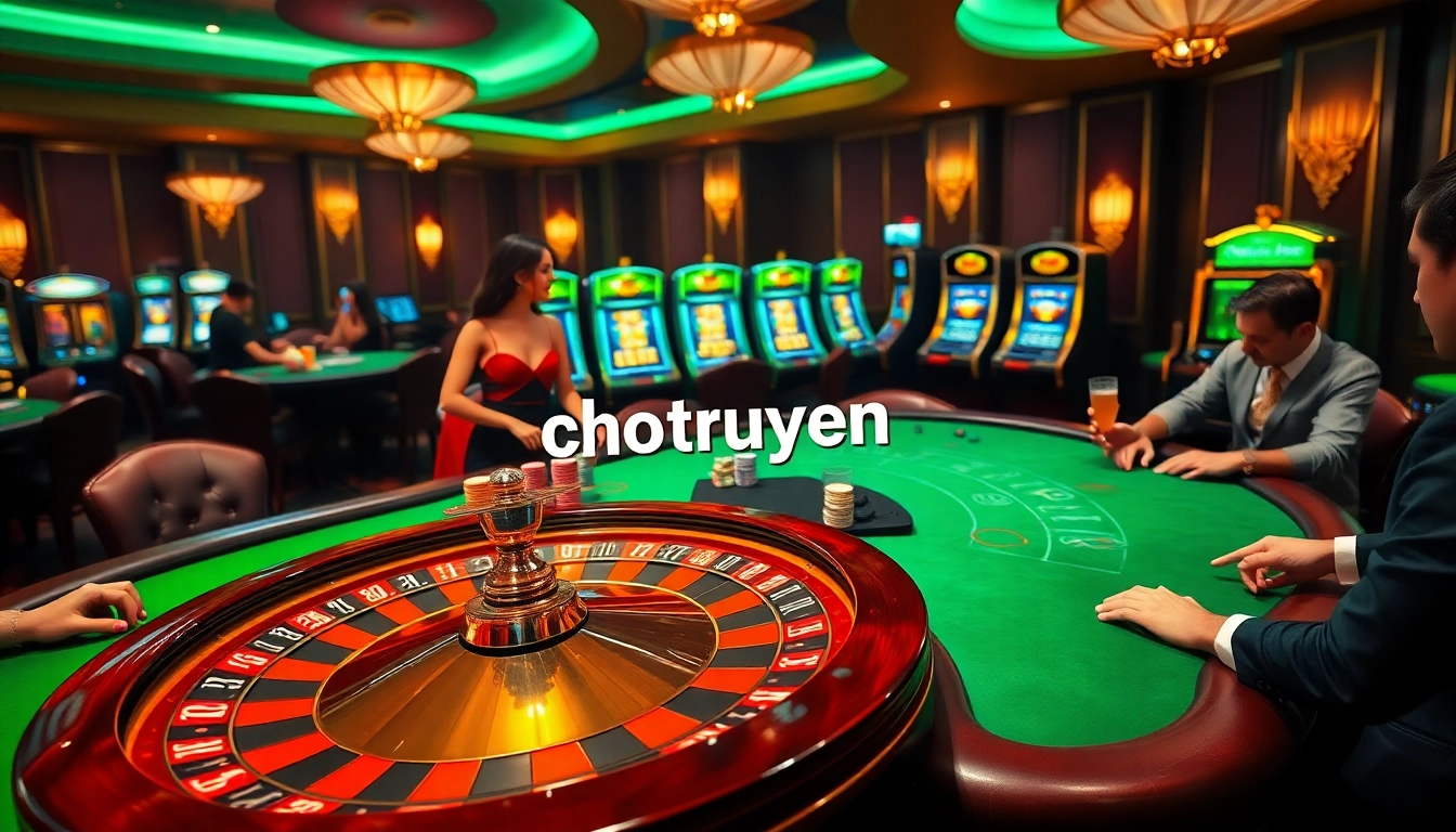 Engage with thrilling casino games at Chotruyen, featuring poker tables and roulette wheels.