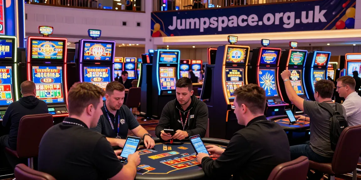 Players enjoying credit card games at Jumpspace.org.uk casino, vibrant gaming atmosphere with modern slot machines.