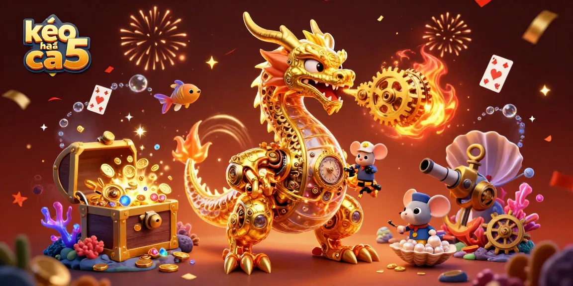 Engage with exciting kèo nhà cái 5 gameplay, featuring a dragon with clockwork internals amidst treasure.