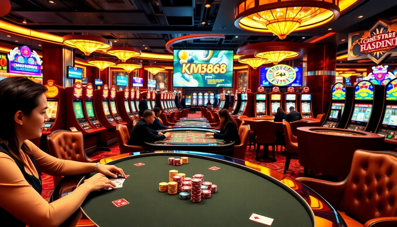 Exciting gameplay at km1888b casino with players engaged in poker and vibrant slot machines.