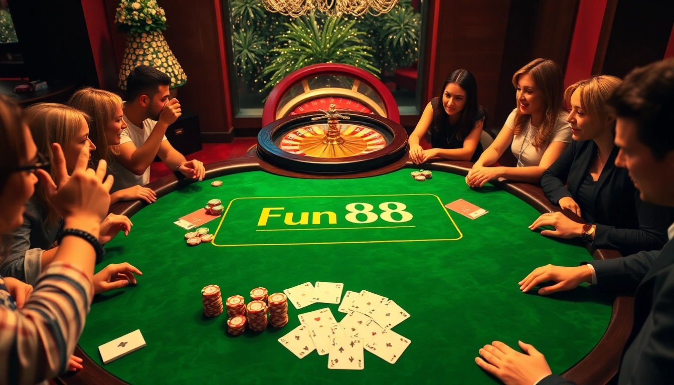 Players enjoying a thrilling game at the Fun 88 poker table with vibrant chips and cards.