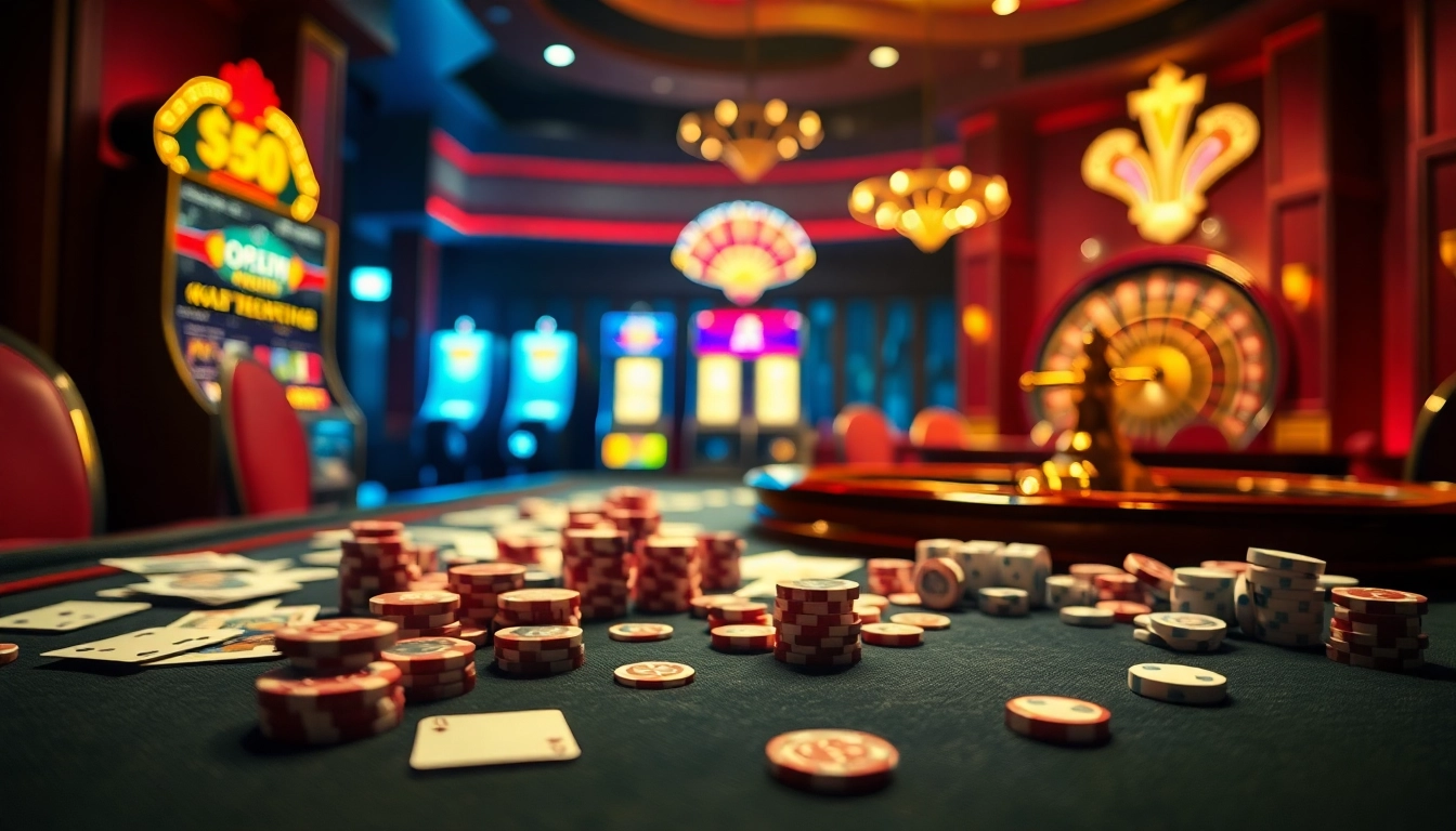 Experience the thrill of gaming at open88 with an immersive casino scene featuring tables, cards, and vibrant slot machines.