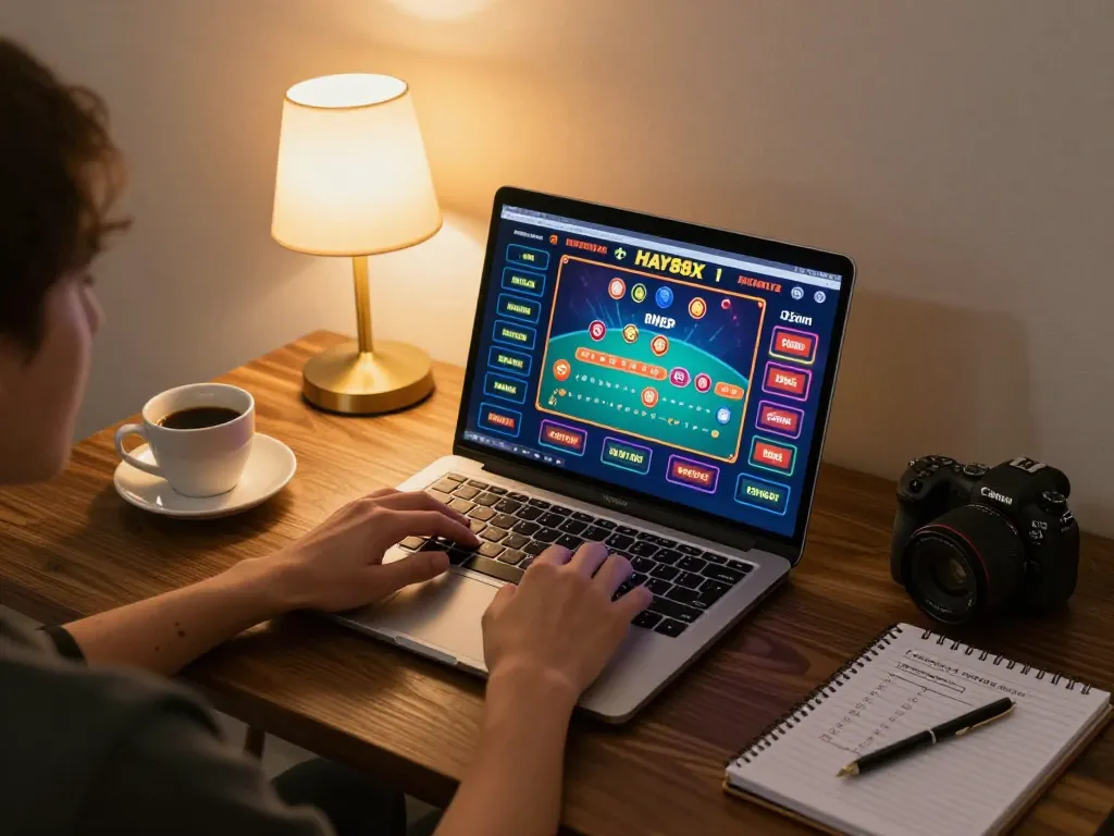Engaged user enjoying online gaming with hay88x on a laptop, showcasing a cozy gaming atmosphere