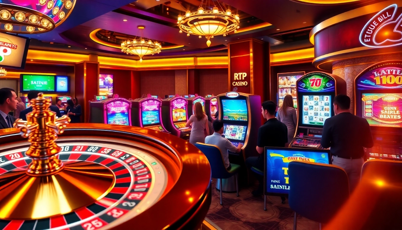Experience the thrill of rtp iboslot as players engage with vibrant online slot machines in a luxurious casino setting.