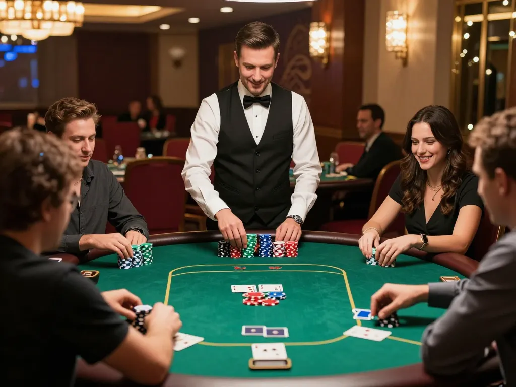 Players enjoying a thrilling poker game at LV88 casino table filled with chips and excitement.