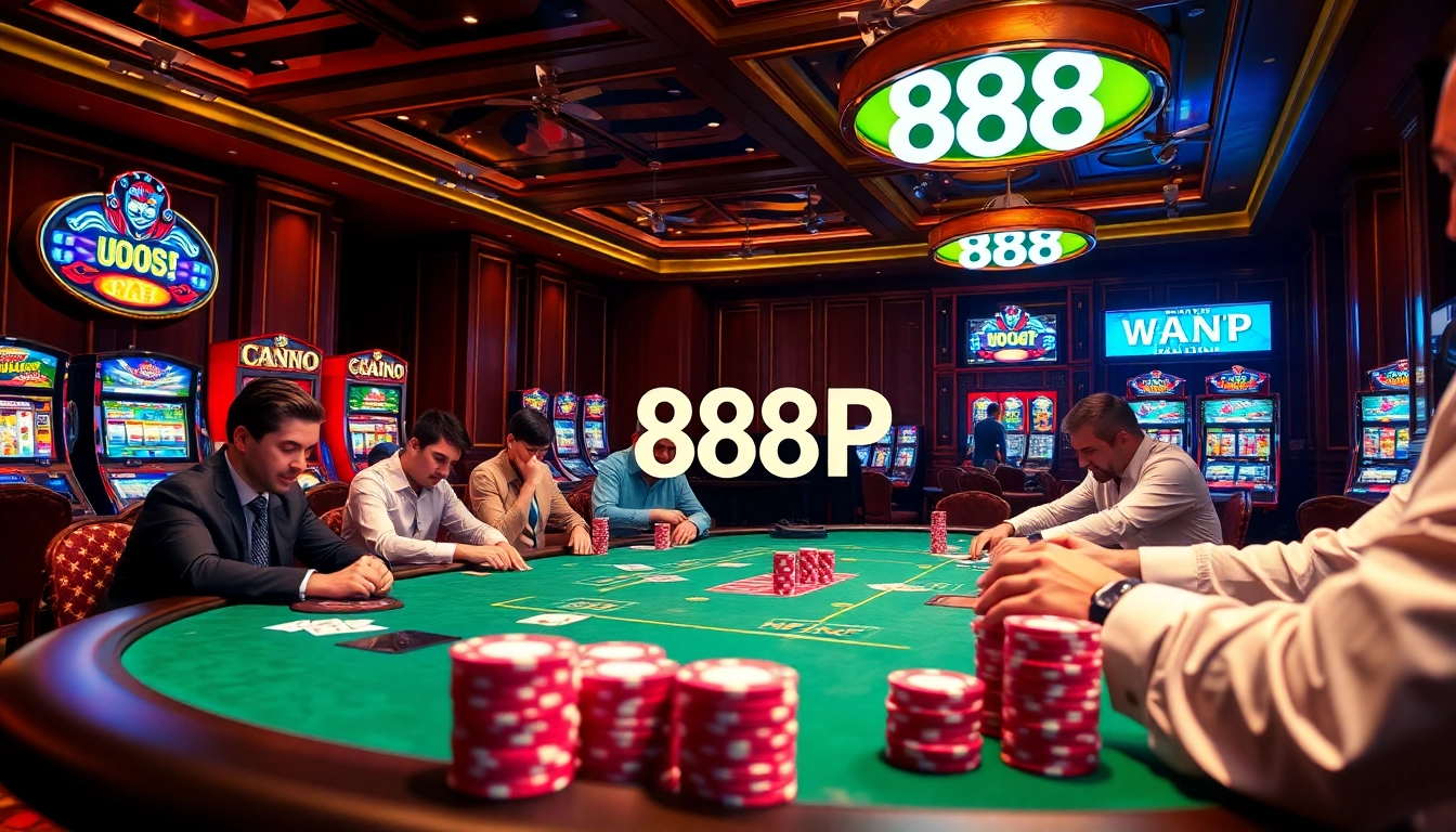 Experience high stakes at the 888P poker table with vibrant chips and a lively casino atmosphere.