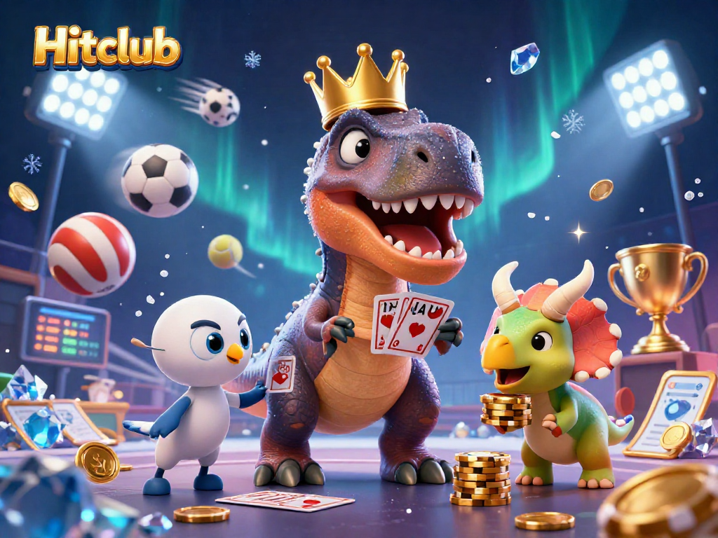 Experience Hitclub gaming with a T-Rex shuffling cards surrounded by sports elements.