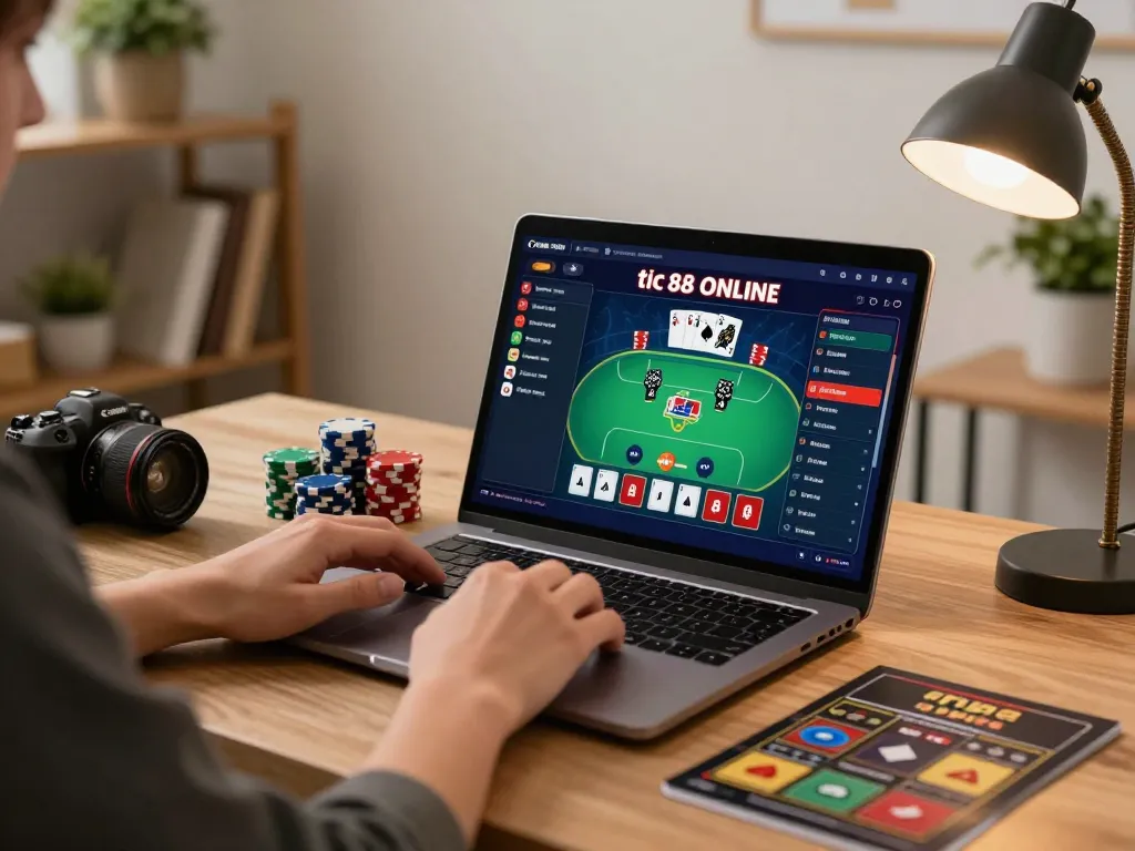 Engaged player enjoying tic88 online poker game on a laptop with strategic notes.