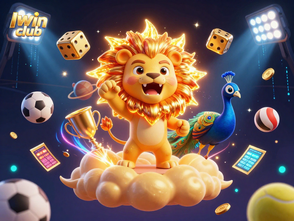 Iwin club showcases thrilling sports betting excitement with animated casino elements, featuring a roaring sun lion and golden dice.
