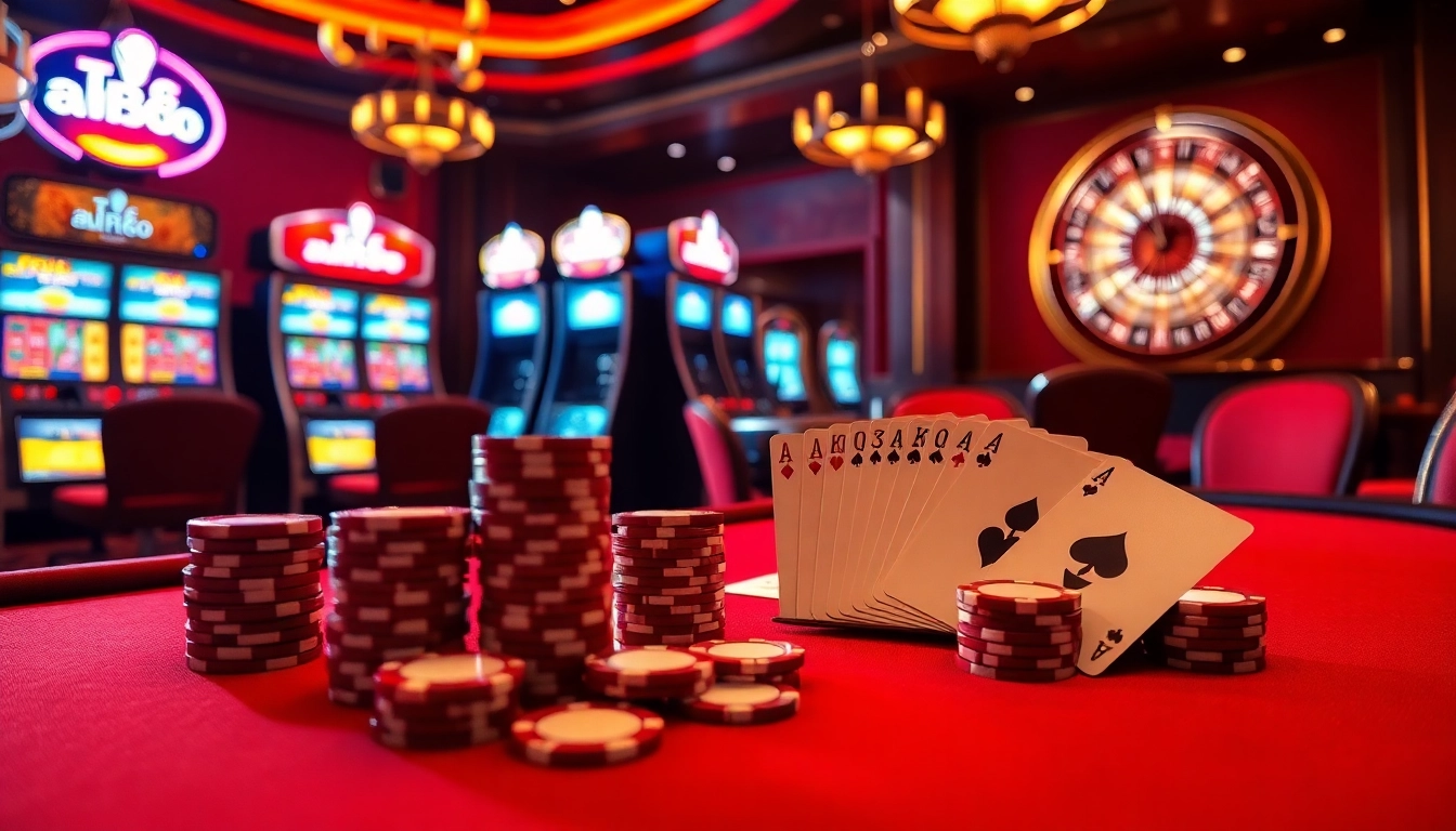 Engage in thrilling games at nhà cái tr88 with luxurious casino tables and vibrant slot machines.