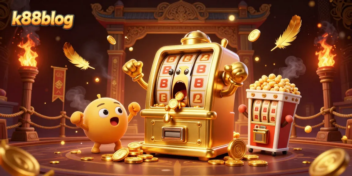 k88blog celebrates wins with an animated slot machine hitting a jackpot surrounded by gold coins.